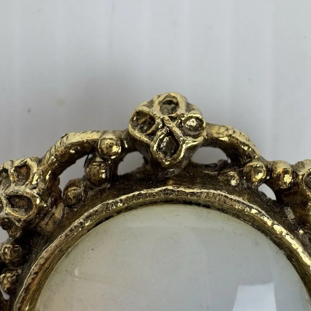 Vintage Opalescent Cabochon Brooch Gold Tone Ornate Oval Pin